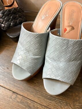 Light Blue Woven Leather Slide Heels
